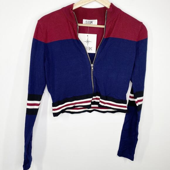 LF Seek The Label Burgundy Navy Black Crop Jacket Women's Size Medium M NWT - Picture 1 of 8